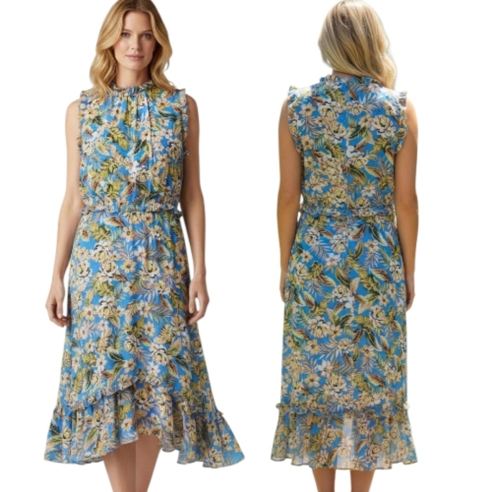 JULIA JORDAN Tropical Floral Ruffle Trimmed Midi Dress - Size 12